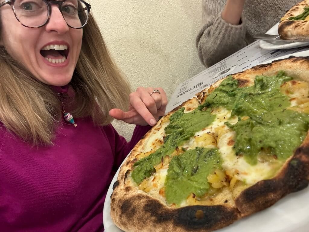 Claudia with Pizza