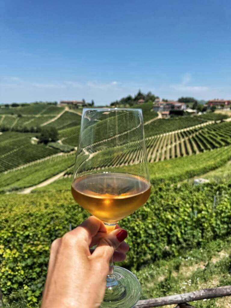 A glass of wine with views around Serralunga d'Alba.