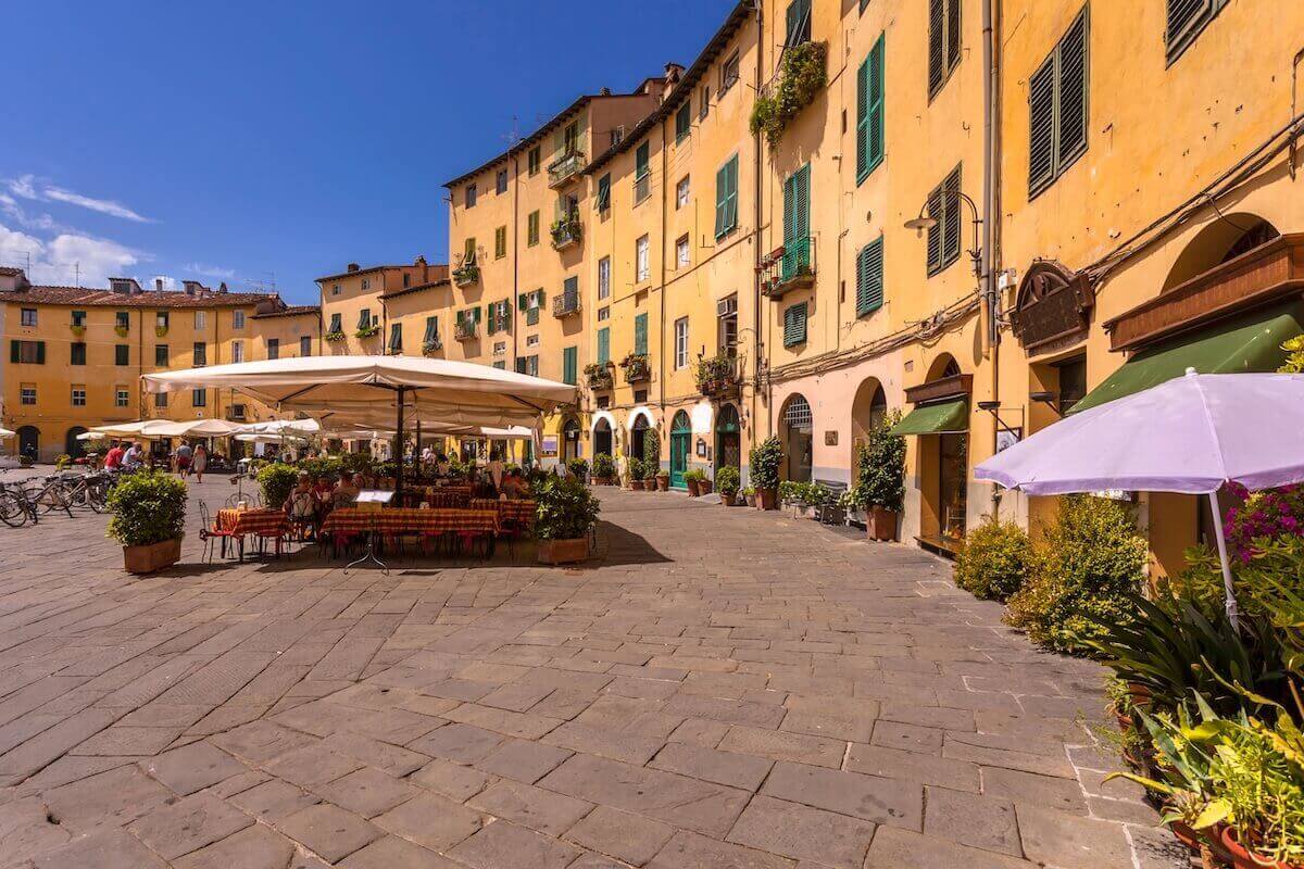 Piazza dell'Anfiteatro, one of the main squares in Lucca, Tuscany.