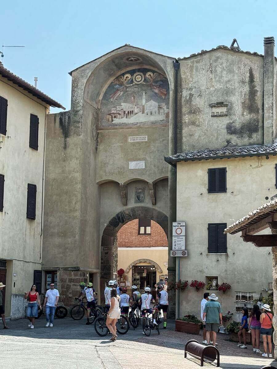 Crowds in the historic center of Pienza Tuscany in June.